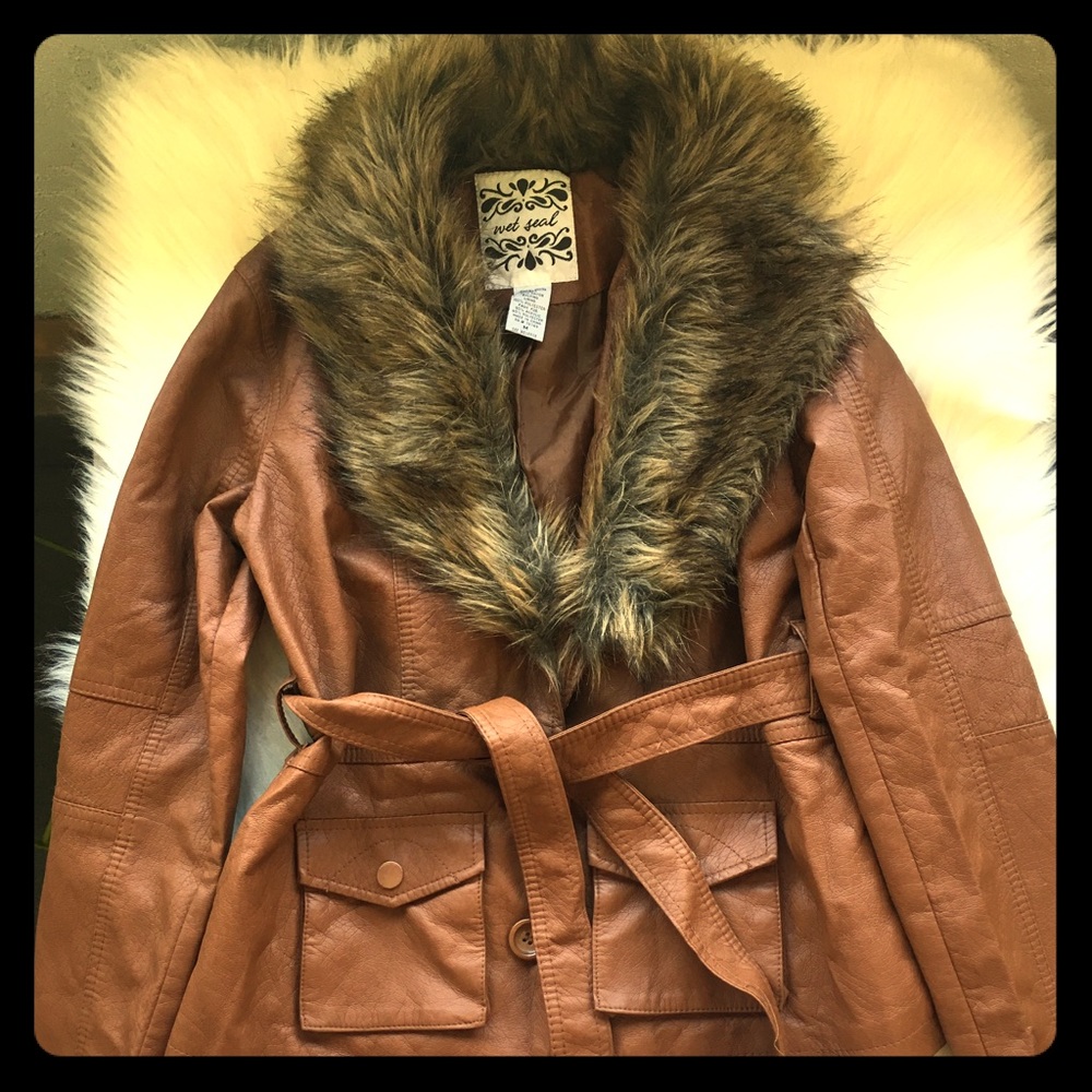 Brown Faux leather and fur collar jacket